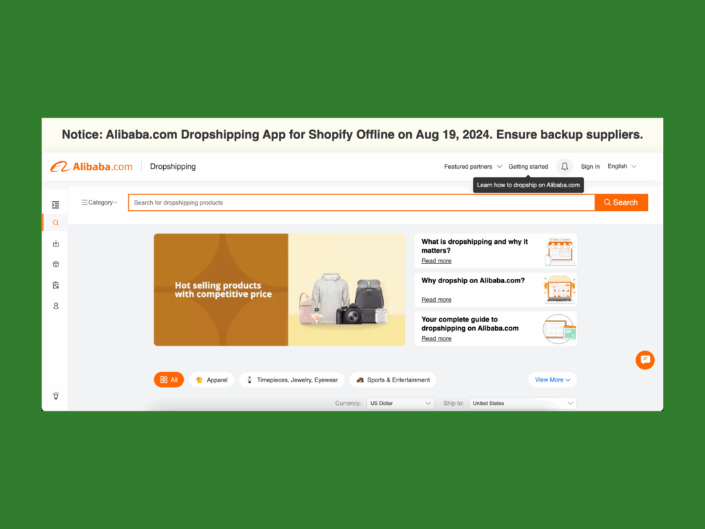 3 alibaba dropshipping A screenshot of the Alibaba dropshipping landing page.