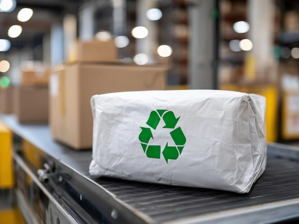 A bag of recyclable materials is positioned on a conveyor belt in a recycling facility
