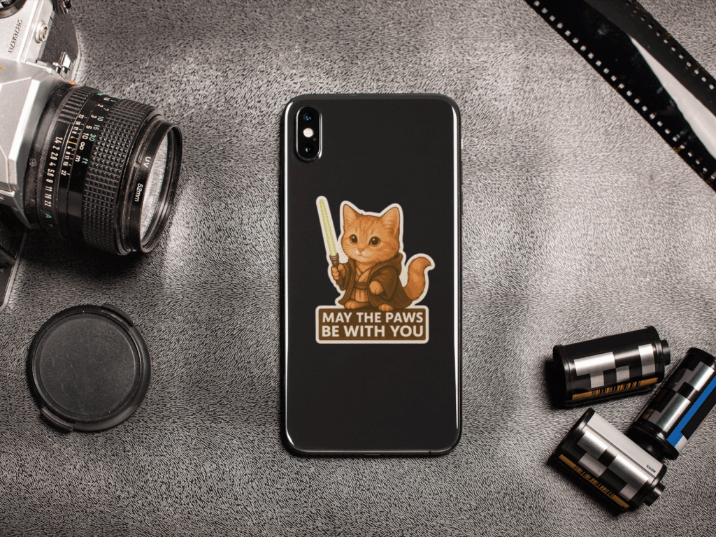 A black iPhone case featuring a playful cat design on its surface