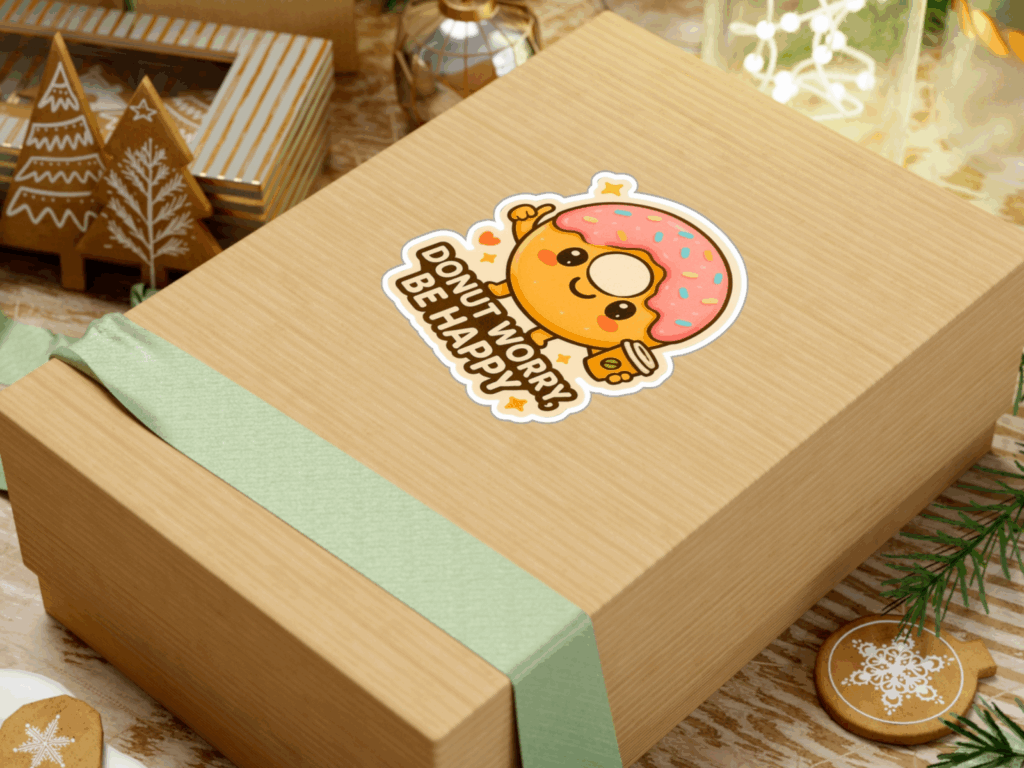 A donut-shaped sticker on a gift box
