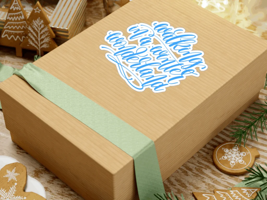 A festive Christmas gift box adorned with cheerful Christmas lettering