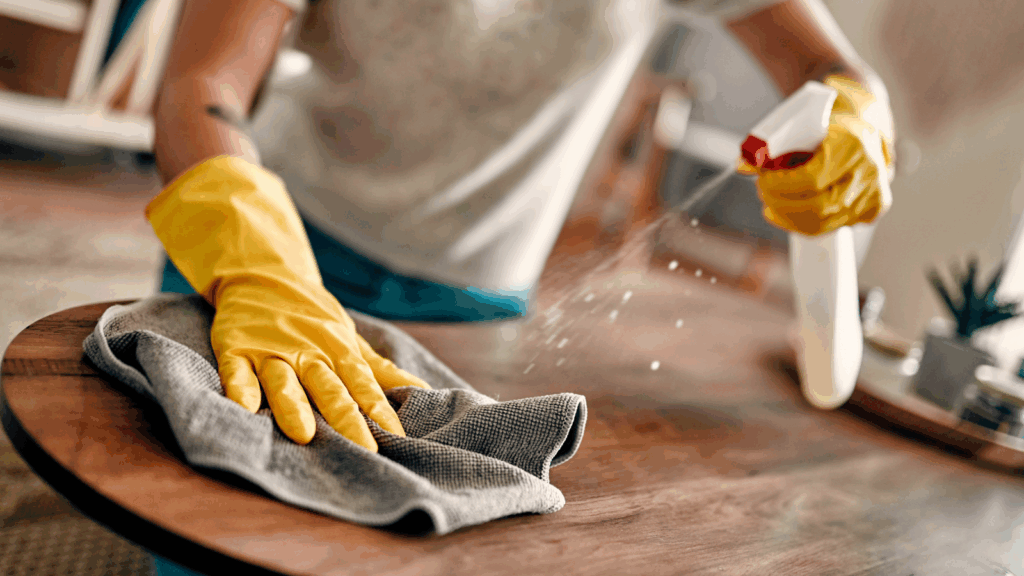 A person in yellow gloves is cleaning a table with a cloth, focusing on removing dust and stains