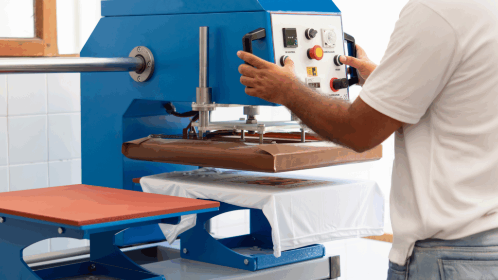 A person operates a blue heat press machine, pressing a design onto a white t-shirt