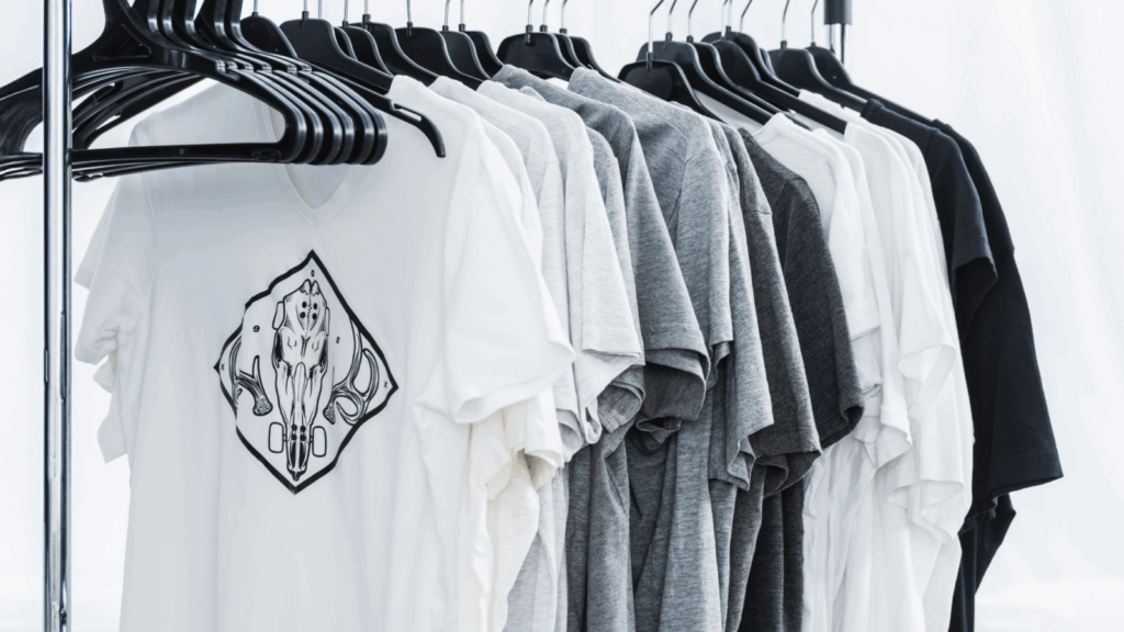 A row of neatly hung t-shirts on black hangers, featuring shades of white, gray, and black. The front shirt has an abstract design