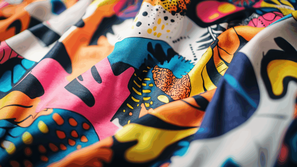 A vibrant fabric with abstract patterns in bold colors as an example of sublimation printing on fabric