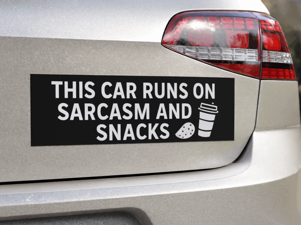 A whimsical car adorned with snacks and humorous phrases, symbolizing a playful take on driving with sarcasm