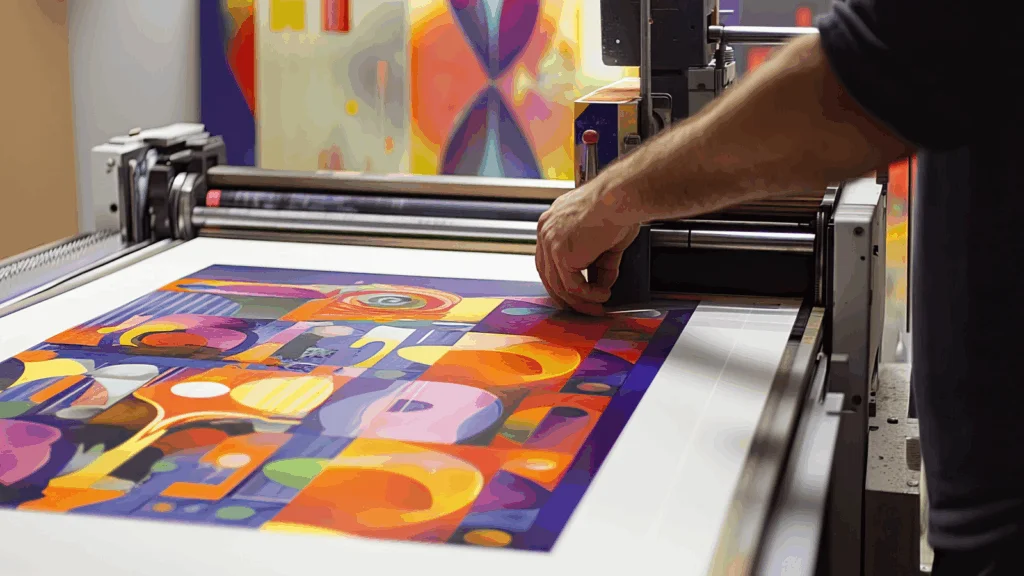 A person operates a printer producing vibrant abstract art with bold geometric shapes.
