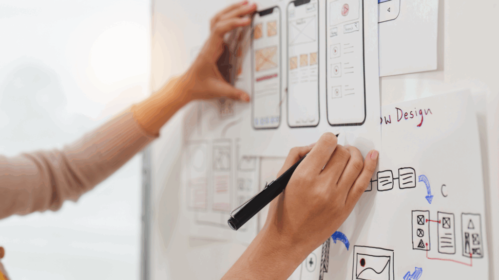 Hands pin wireframe sketches on a whiteboard, showcasing mobile app design with a pen nearby.