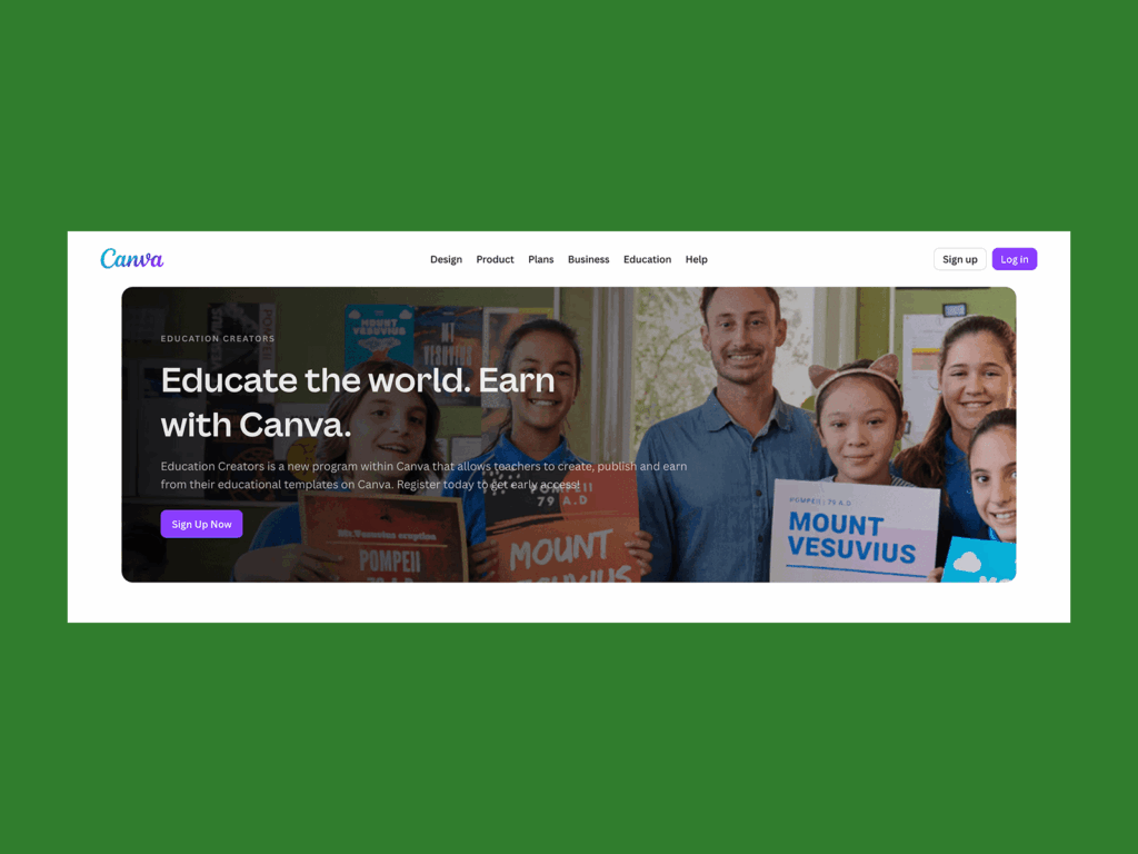 A screenshot of Canva’s homepage hero section on a green background.