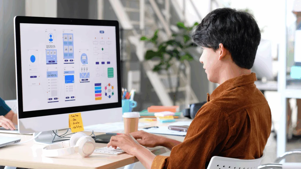 A man in a brown shirt works at a desk, creating designs for Canva on a computer.