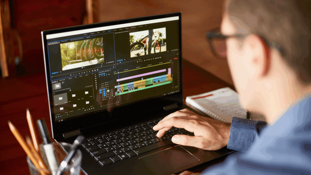 A man edits a video on a laptop with film editing software. The screen shows multiple video clips and timelines.