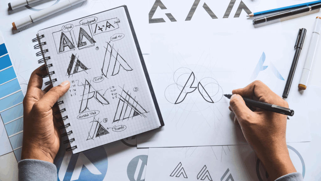 A person sketches geometric logo designs on paper with a pen. Nearby, a notebook shows logo concepts and measurements.