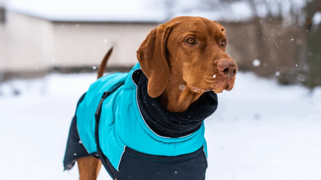A dog in a blue jacket stands playfully in the snow, surrounded by a winter landscape.