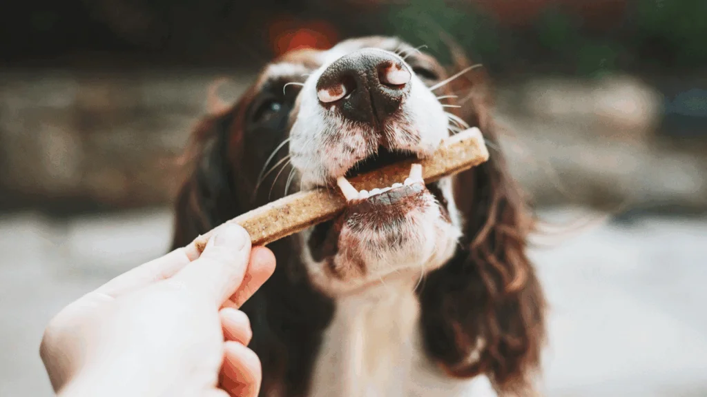 A dog with its mouth open is happily eating a treat.