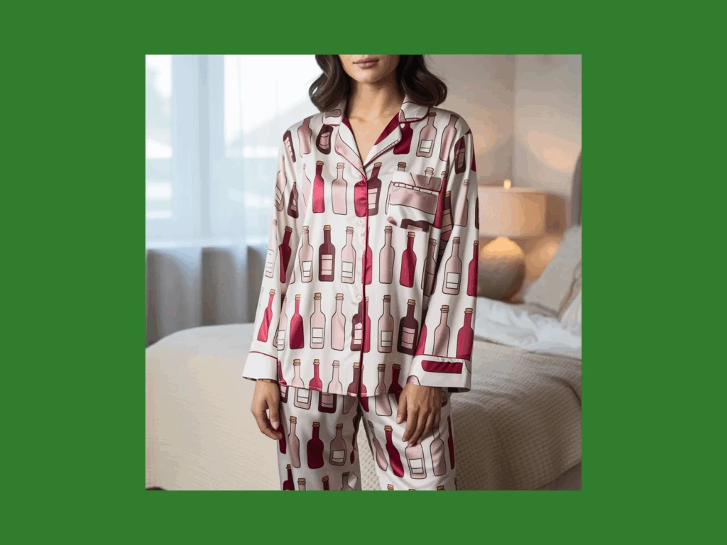 A woman in silk Valentine’s Day pajamas with a wine bottle print stands in a cozy bedroom.