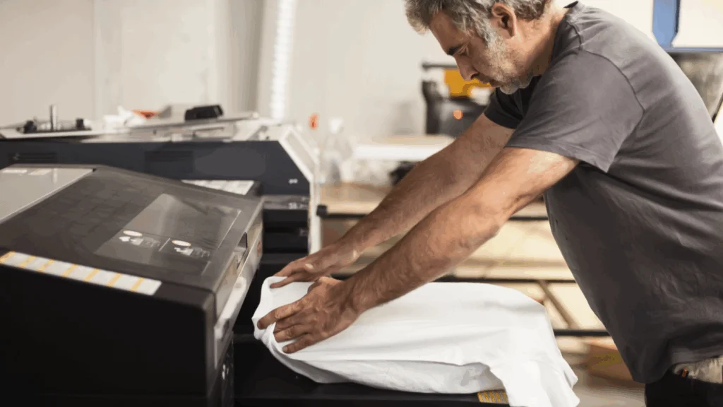A man operates a direct-to-garment (DTG) printer, carefully aligning a white T-shirt on the machine in a workshop setting.