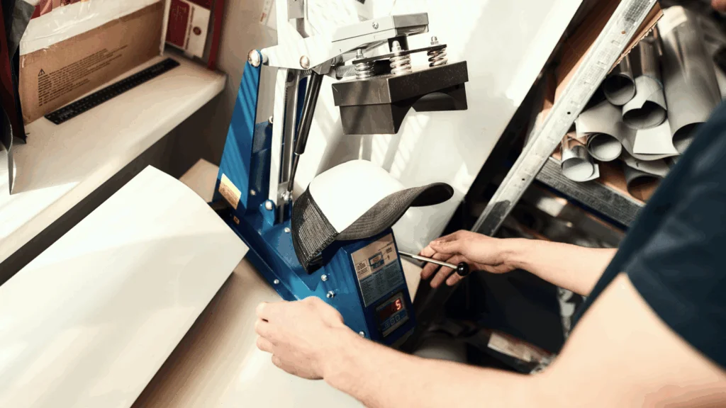 Print on Demand POD Best Shopify apps A man operates a printing machine to do a print on a hat.