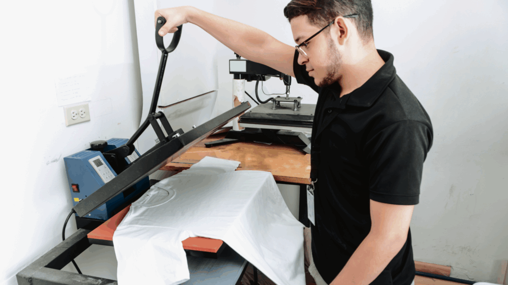 A man operates a machine to cut a white t-shirt into pieces for a project.
