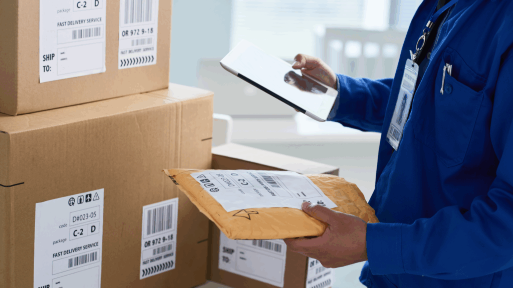 Shipping and order management Best Shopify apps A man in a blue shirt holds a tablet while examining several boxes around him.