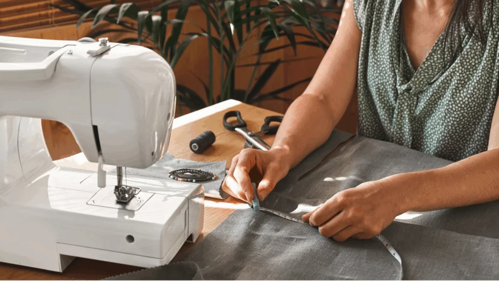 A person measuring fabric for embroidery