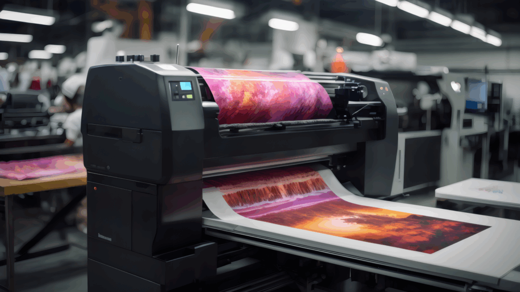 A large direct-to-film (DTF) printer in a modern factory prints vibrant, colorful landscape images.