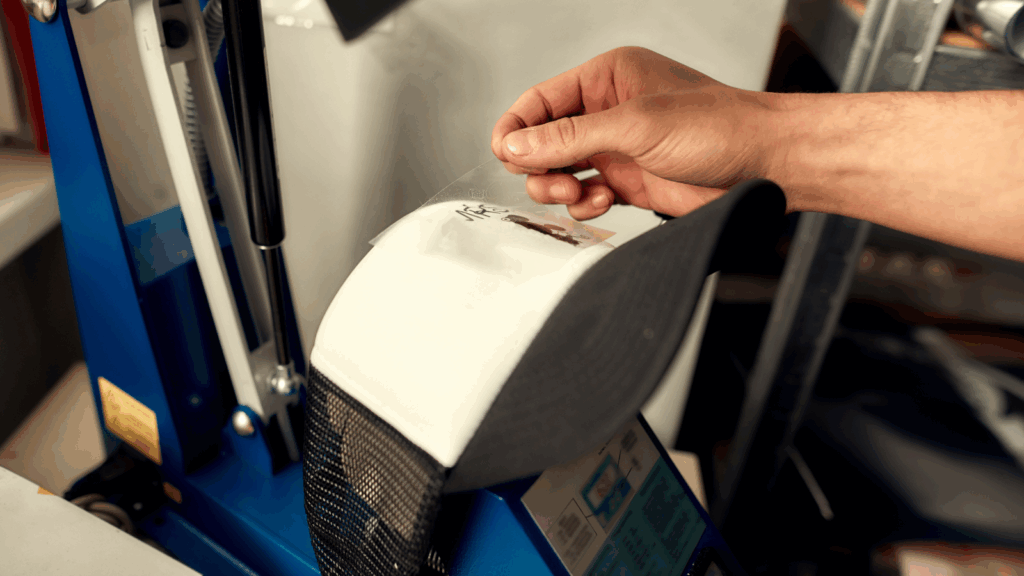 A person is using a heat transfer printer on a white t-shirt.