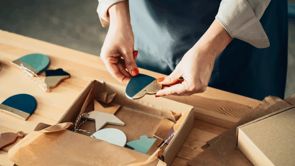 A woman's hands are arranging colorful geometric ornaments in a box on a wooden table.