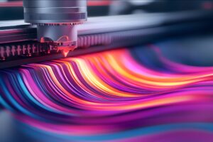 A machine cuts a piece of plastic into a wavy shape, showcasing precision in manufacturing processes.