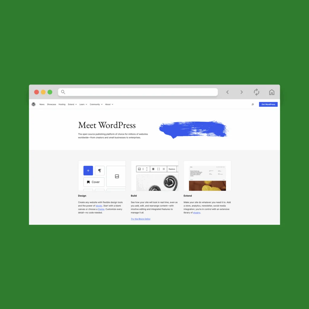 WordPress.org homepage hero section screenshot mockup.