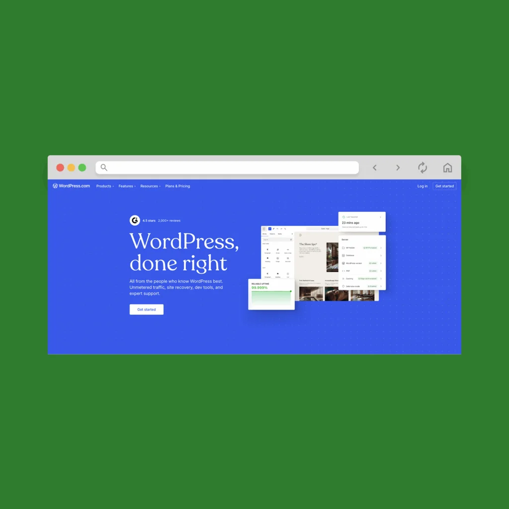 WordPress.com homepage hero section screenshot mockup.