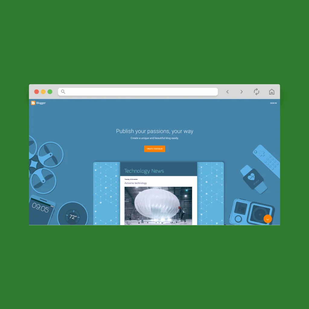 Blogger homepage hero section screenshot mockup.