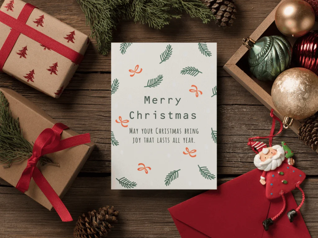 Merry Christmas card mockup featuring festive designs and colors, set against a neutral background.