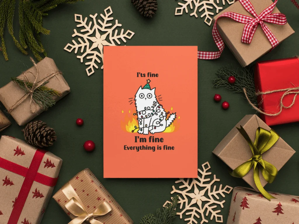 A festive Christmas card featuring a playful cat surrounded by colorful presents.