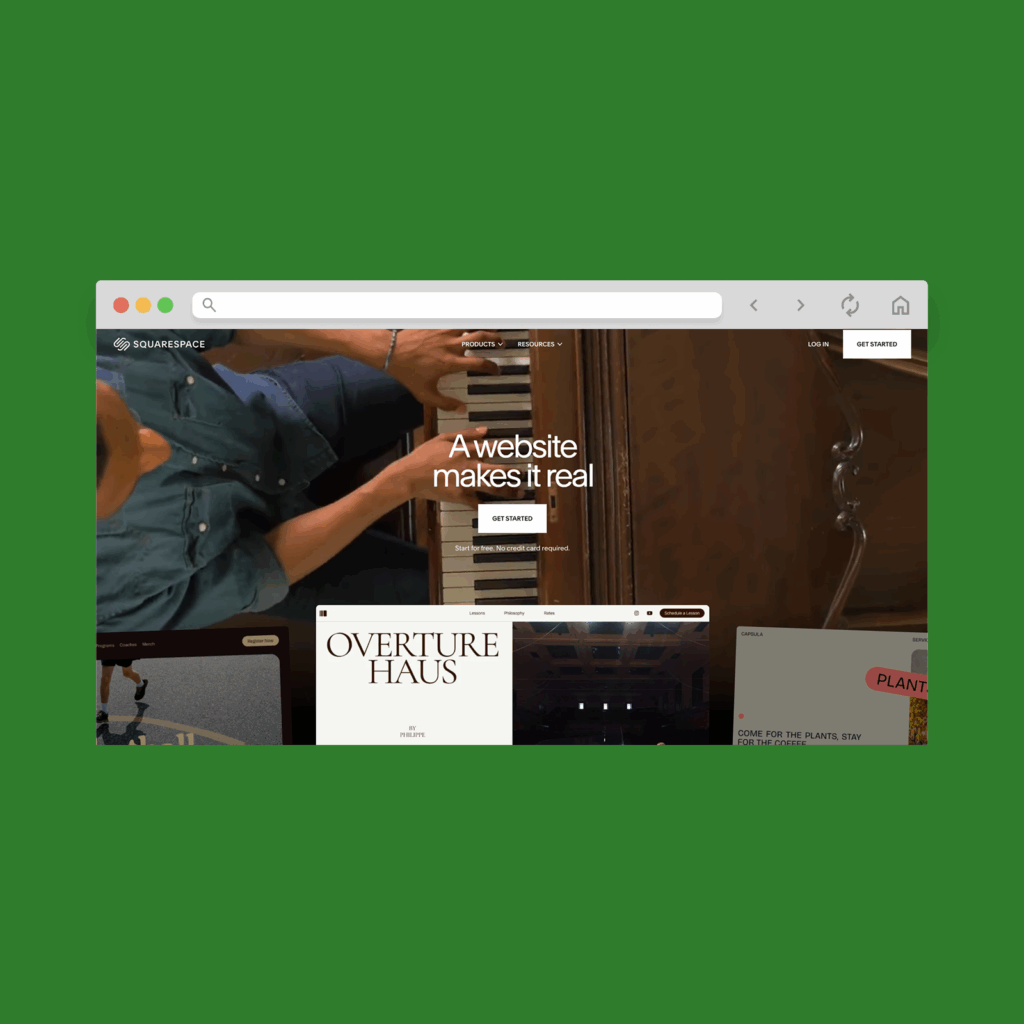 Squarespace homepage hero section screenshot mockup.