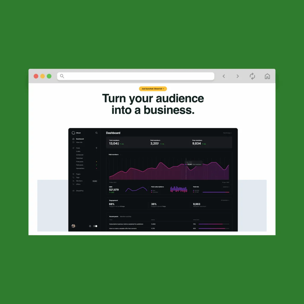 Ghost homepage hero section screenshot mockup.