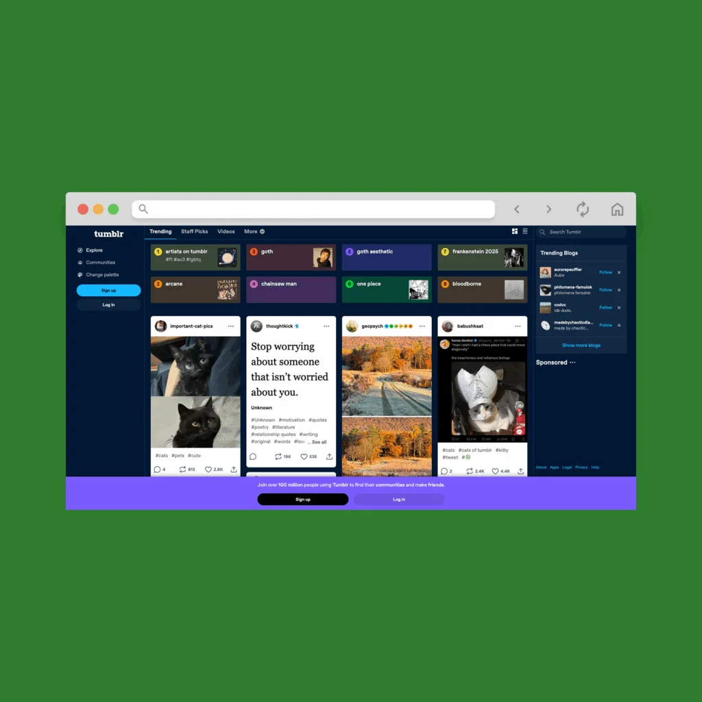 Tumblr homepage hero section screenshot mockup.