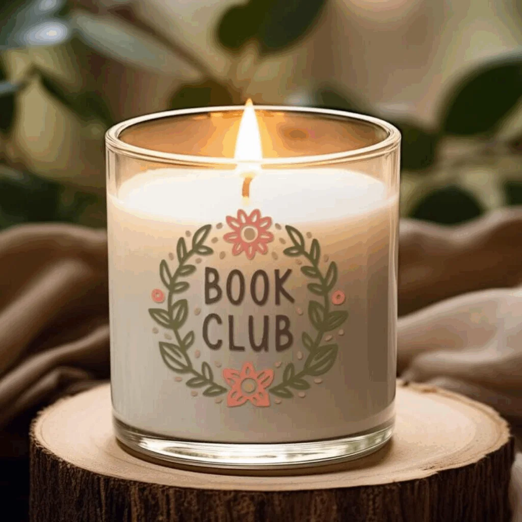 A lit candle on a table surrounded by books, creating a cozy atmosphere for a book club meeting.
