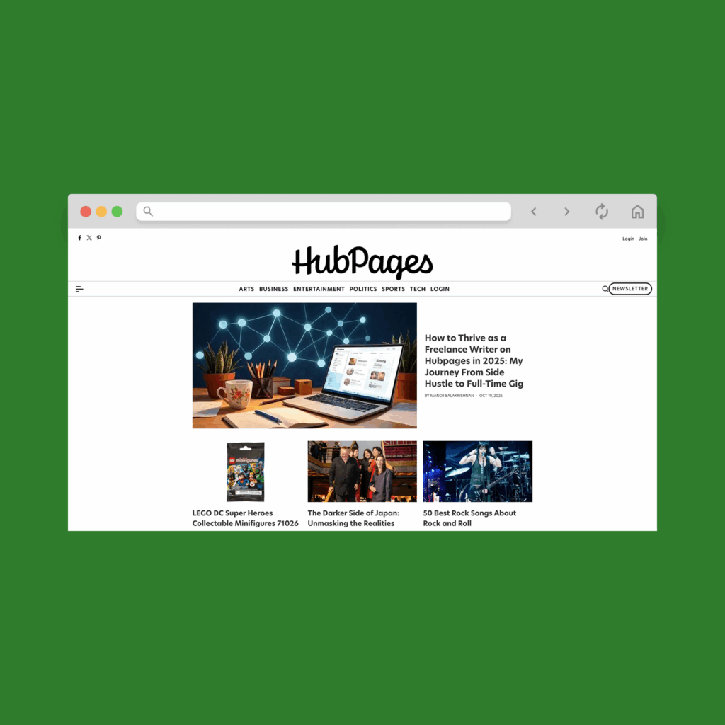 HubPages homepage hero section screenshot mockup.