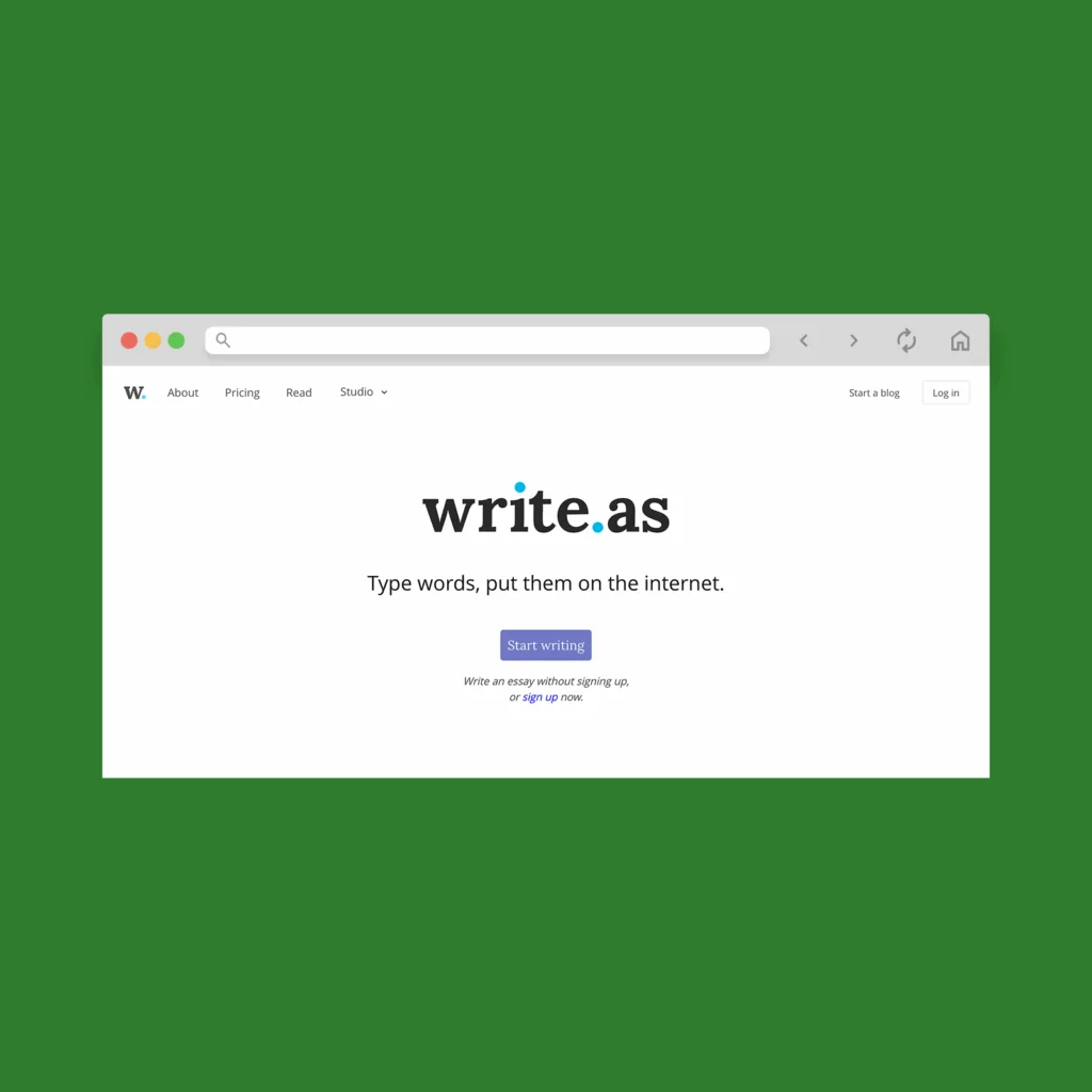 Write.as homepage hero section screenshot mockup.