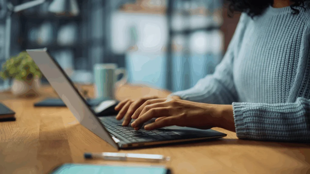 A woman focused on typing on a laptop computer, with her hands positioned on the keyboard.