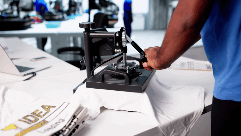 A person operates a machine to create a custom t-shirt, focusing on the design process.