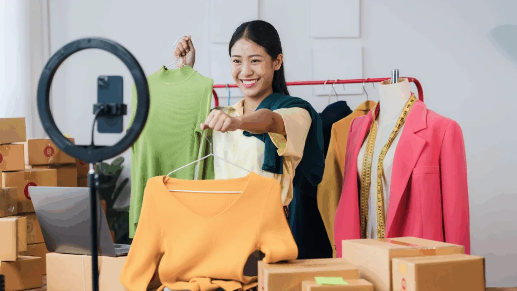A woman is showing clothes in front of a phone camera.