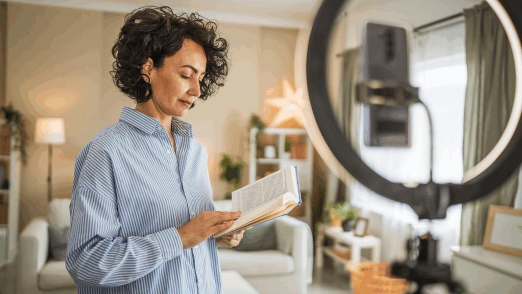 A woman is reading a book on a live stream.