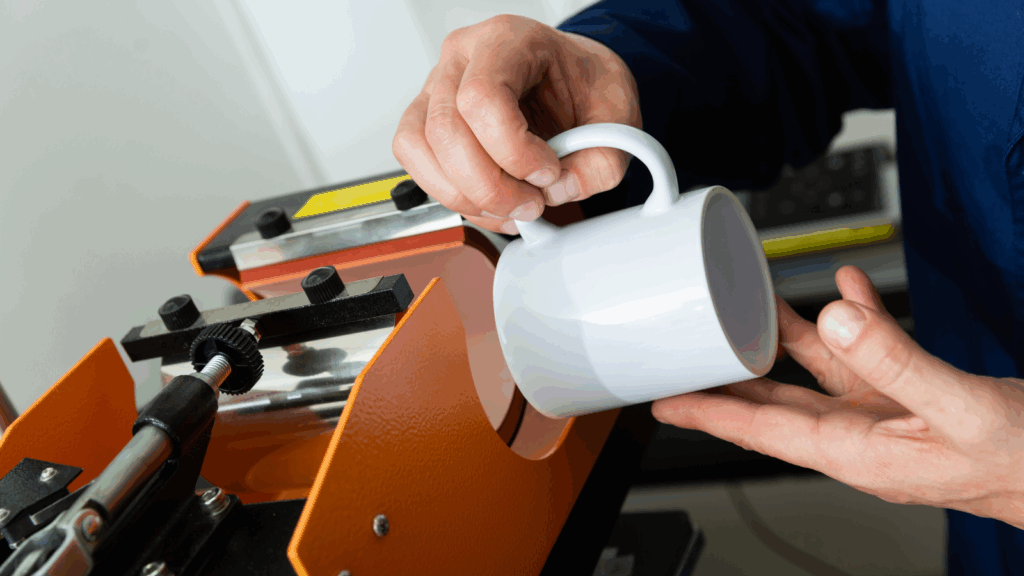A person operates a machine to create a custom coffee mug in a workshop setting.