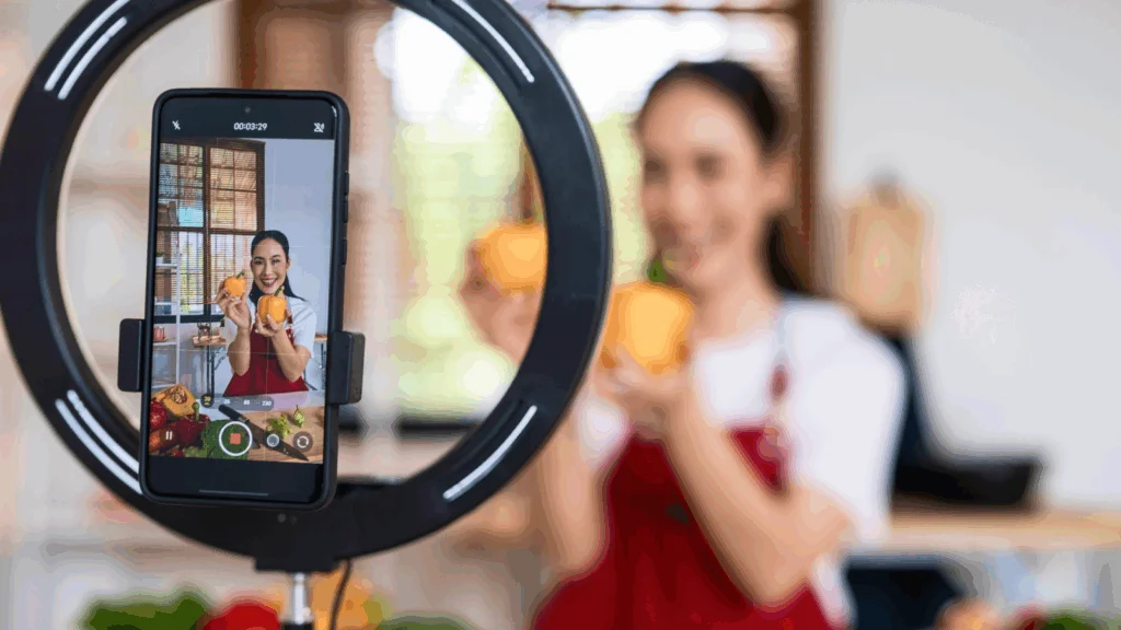 A woman holds a phone in front of a bright ring light, preparing for a video or photo shoot.