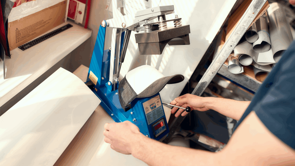 A man operates a machine to cut sheets of paper in a well-lit workspace.