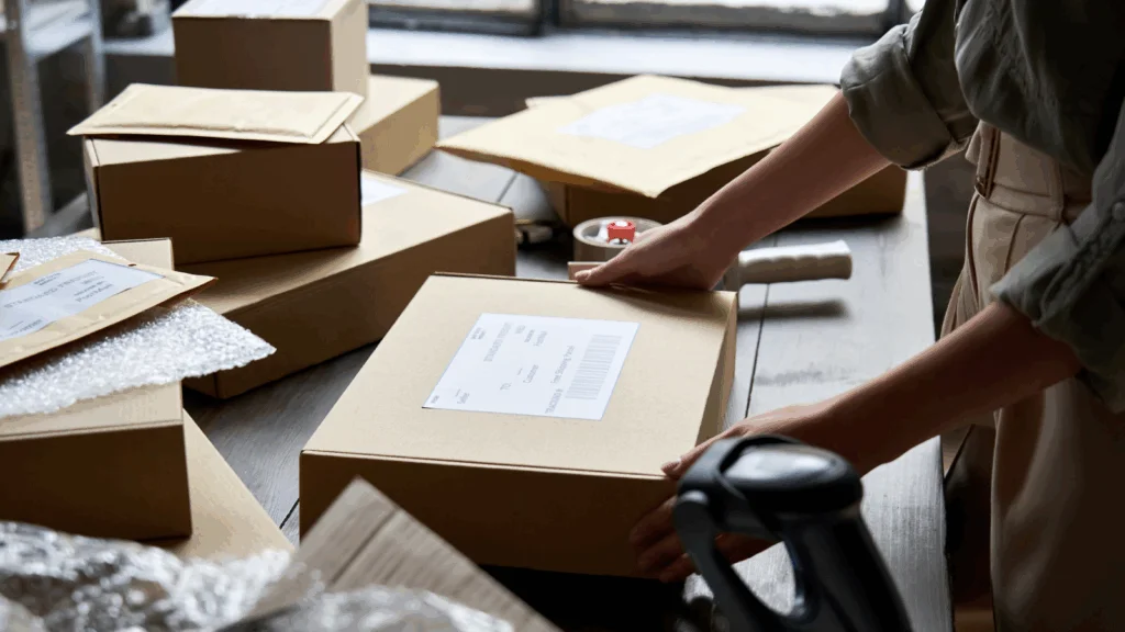 A person is opening cardboard boxes on a table, revealing their contents in a well-lit room.