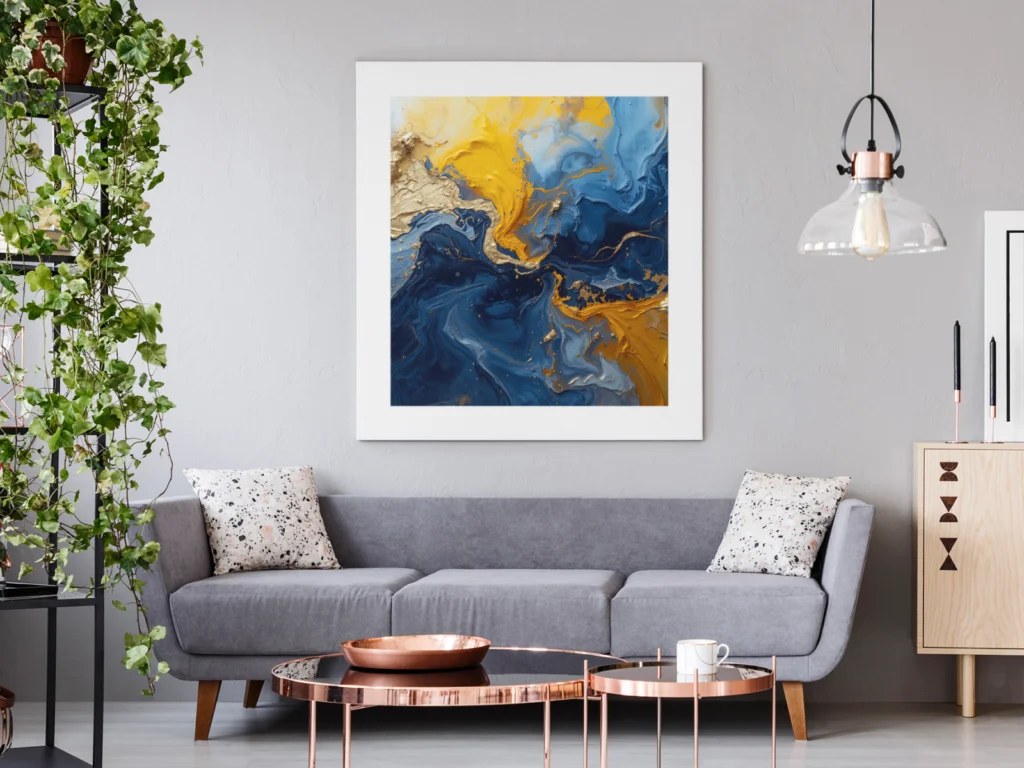 AI generated digital art prints A modern living room with a gray sofa, abstract painting in blue and gold hues on the wall, surrounded by plants.