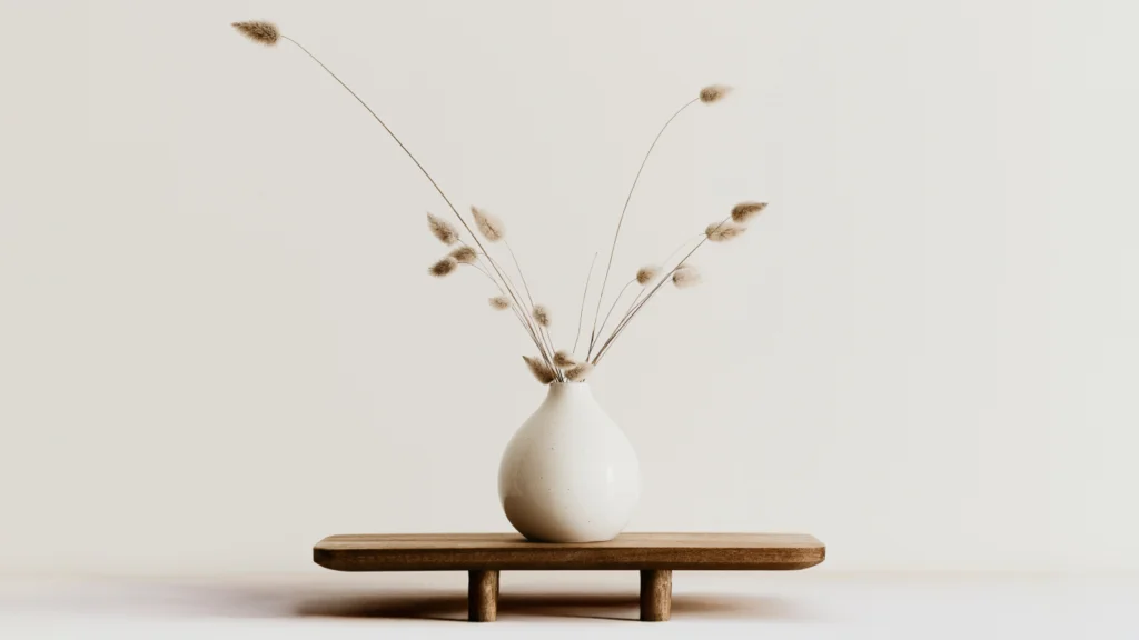 Minimalist scene with a white vase holding wispy grasses on a small wooden table.