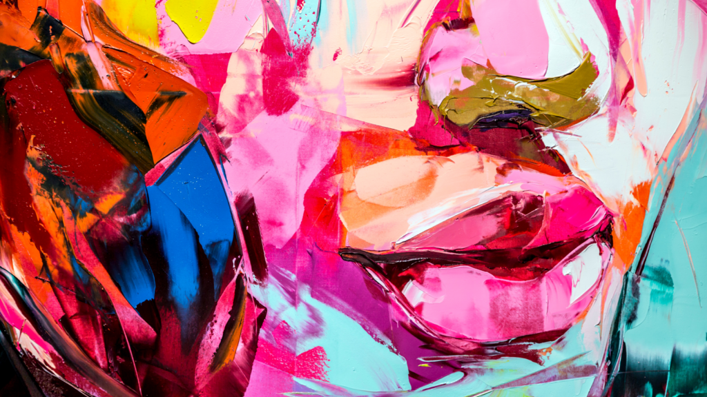 Abstract energy A vibrant painting depicting a woman's face, showcasing a blend of colors and expressive features.